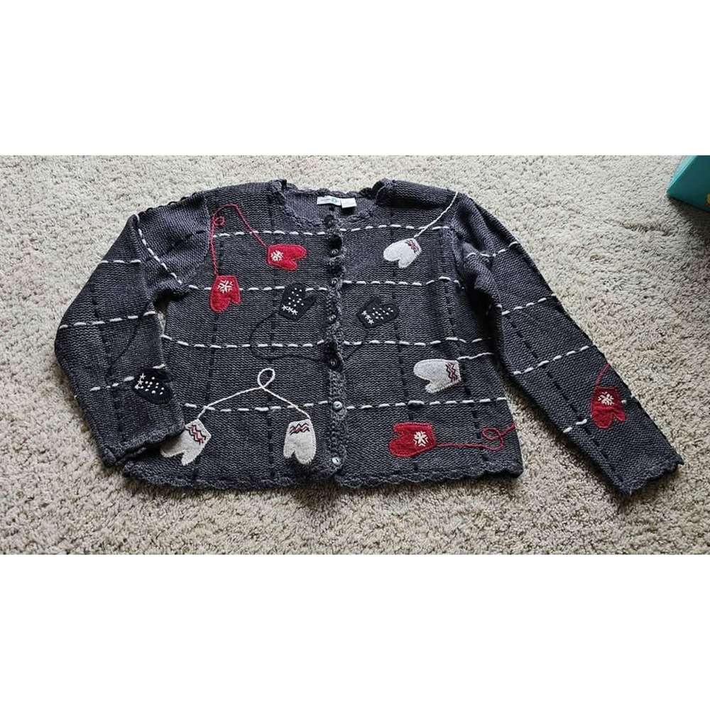 Paul Harris Design Gray Mitten Embroidered Cardigan Sweater Scalloped Hem Large